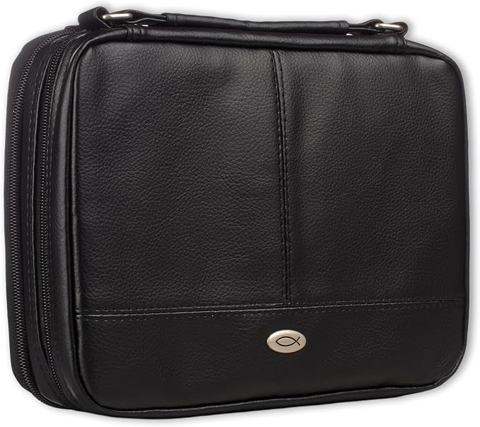 Christian Art Gifts Faux Leather Bible Cover for Men and Women | Ichthus Jesus Fish Emblem Zippered Two-Fold Organizer Case for Bible or Book w/Handle