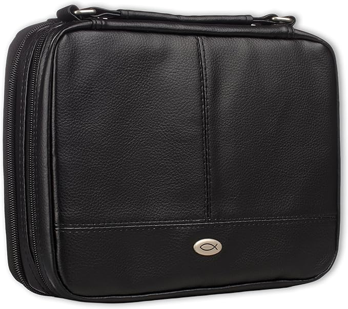Christian Art Gifts Faux Leather Bible Cover for Men and Women | Ichthus Jesus Fish Emblem Zippered Two-Fold Organizer Case for Bible or Book w/Handle