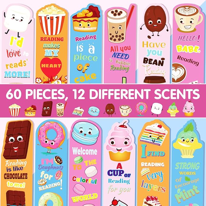 Fainne 60 Pieces Dessert Scented Bookmarks Kids Bulk Scratch and Sniff Classroom Valentines Day Back to School Bookmarks Gift Stuff for Students Christmas End of Year Graduation Birthday Favor