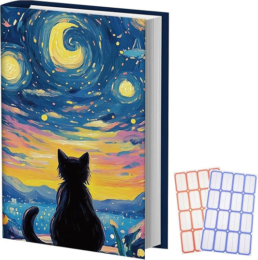 Anseal 1 Pack Starry Night Black Cat Stretchable Book Sleeve Cover for Hardcovers Textbooks up to 9” x 12”, Washable Reusable Book Protector with 2 Labels