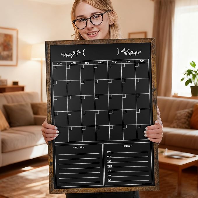 Chalkboard Calendar for Wall,20" x 28" Rustic Framed Magnetic Chalkboard for Home Kitchen Office School