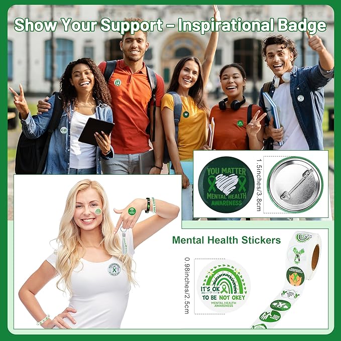 Aodaer 181 Pieces Mental Health Awareness Set Includes Silicone Bracelets, Badge Brooches, Green Ribbon Pens, Keychains, Mini Notebooks, Stickers, Mental Health Awareness Items for Adults Teens Gifts