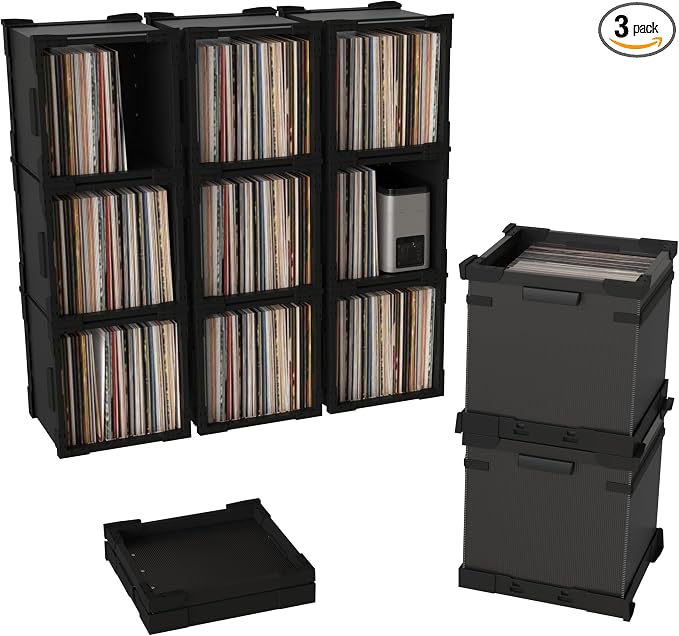 HumminGuru FlexiCube Vinyl Record Storage Box – Stackable Organizer for 12” Records, Holds 70 LPs | Modular Vinyl Shelf & Collapsible Storage Crate. Durable & Portable Space-Saving Design (3 Cubes)