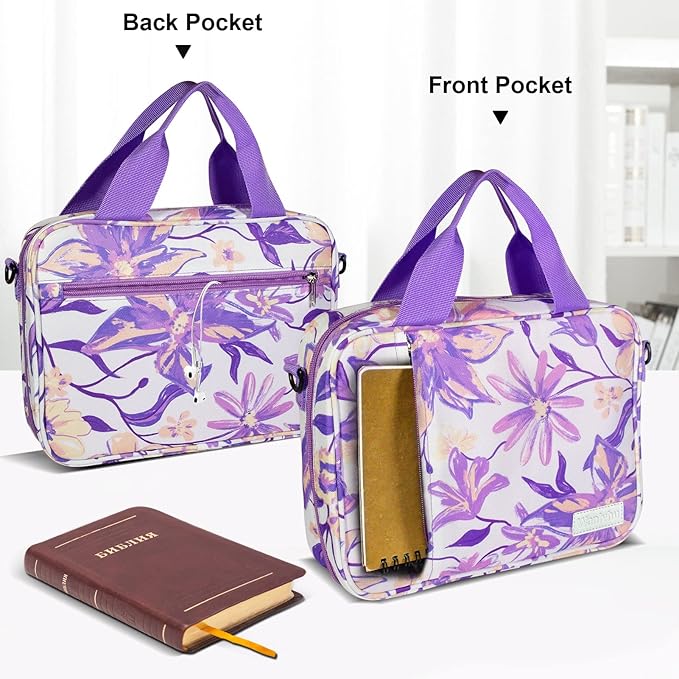 Bible Cover for Men Women, Zippered Bible Carrying Case Bible Protective Bag with Handle and Adjustable Shoulder Strap, Gift for Women Men Kids (Purple Flower)