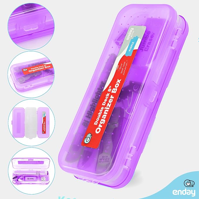 Enday Pencil Box Purple, Plastic Double Deck Pencil Case with 7 Compartments, Box Organizer with Snap Closure for Home and Office