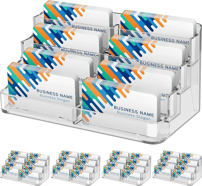 MaxGear 4 Pack Acrylic Business Card Holder for Desk, Clear Desktop Business Card Display Stand with 8 Pockets, 4-Tier Freestanding Card Organizer for Office, Reception, Countertop