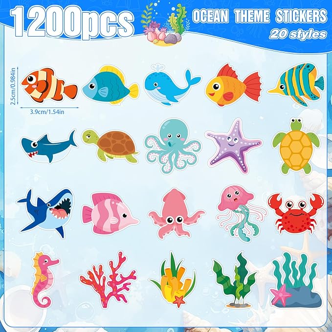 SANNIX 1200PCS Ocean Animal Stickers, 20 Styles Qcean Stickers Cartoon Sea Creature Sticker Fish Labels for Classroom Rewards Under The Sea Theme Party Computer Water Bottle Craft Supplies
