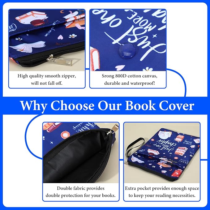 Waterproof Book Sleeve, Just One More Chapter Book Covers with Zipper and Front Pocket Washable Books Protector for Readers Lovers Gifts Books Accessories for Travel Vacation