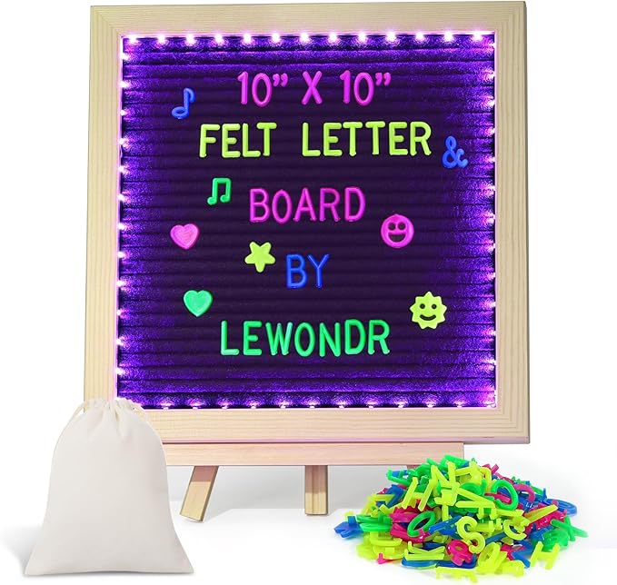 Lewondr Felt Letter Board, 10''×10'' Wooden Letter Board Sign with 680 Colored Fluorescence Letters, Changeable Message Sign with Stand for Baby Announcements, First School Day and Home Decor
