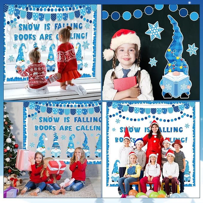 Winter Gnome Bulletin Board Set Snow is Falling Books are Calling Reading Classroom Decorations Blue Banner Snowflakes Paper Cutouts for Office Library Reading Corner Wall Holiday Display