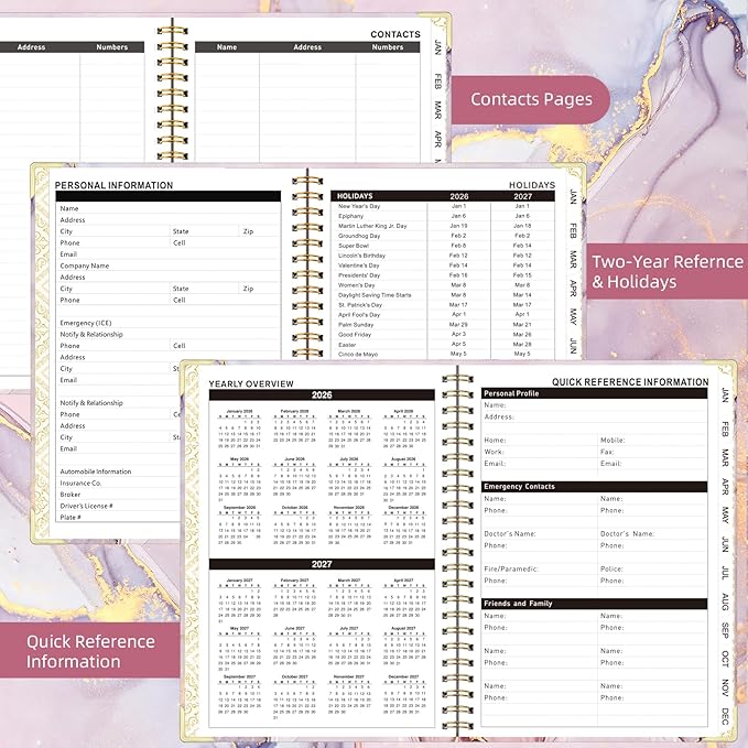 2026 Planner, Jan.2026 - Dec.2026 Weekly Monthly Planner 6.25"x8.5" with Page Tabs, Calendar Hardcover with Inner Pocket, Elastic Band, Twin-Wire Binding, Bookmark, Pink Marble