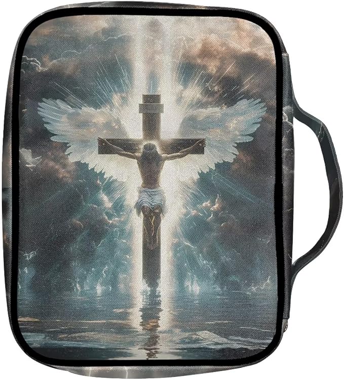 Suobstales Cross Angel Wings Print Bible Cover Portable Carrying Book Case Multi-Functional Bible Case Bible Organizer Case with Handle and Zippered Back Pocket