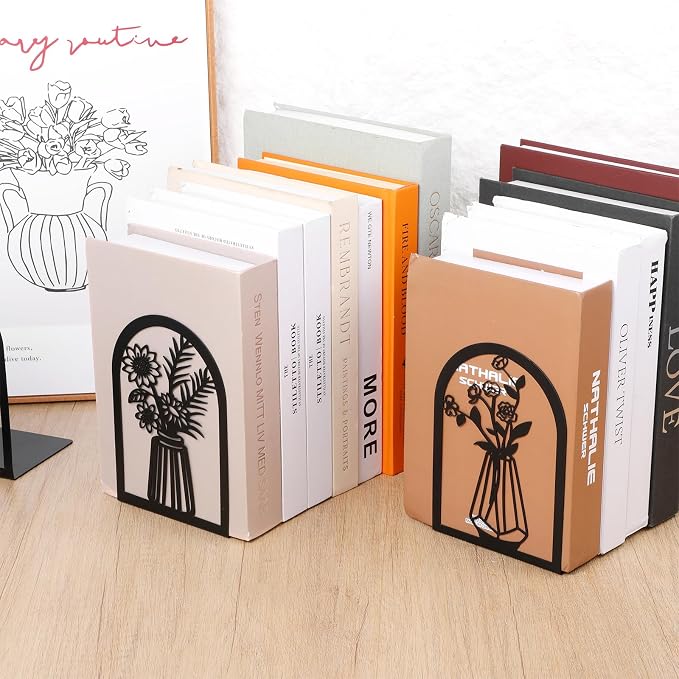 Kifmurase 5 Pair Metal Book Ends, Modern Decorative Flower Shelves Bookends, Black Book Stopper for Heavy Books, Novety Floral Books Shelf Holder Ends for Home Office School, 6.6×4.7×3.6 inch