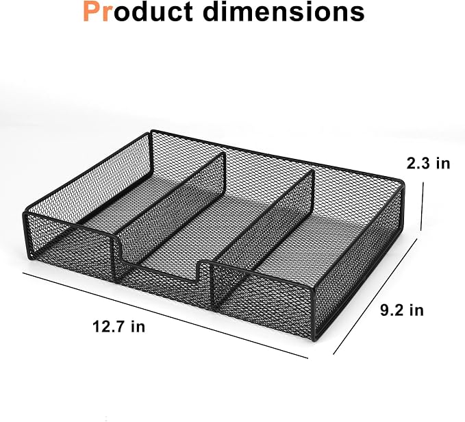 Desk Drawer Organizer, Metal Mesh Small Shallow Drawer Organizers Junk Organizer Tray with 3 Compartments, Pen Pencil Storage Box for Office Supplies Desk Accessories Workspace School Organization
