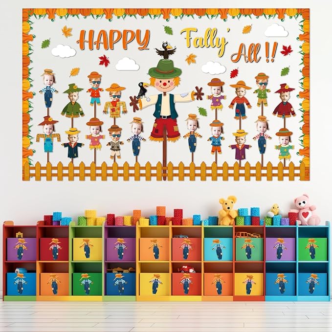 Fall Scarecrow Classroom Bulletin Board Decorations Autumn Pumpkin Maple Leaves Paper Cutouts Fall Scarecrow Classroom Bulletin Board Set DIY Photo Decor for Home School Office Pizza Party Supply