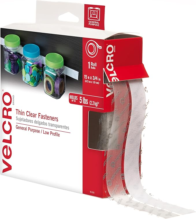 VELCRO Brand Thin Clear Tape | 15 Ft x ¾” | Cut Strips to Length & – 30 ft Sticky Back Hook and Loop Fasteners – Peel and Stick Permanent Adhesive Tape Keeps Classrooms, Home, and Offices Organized