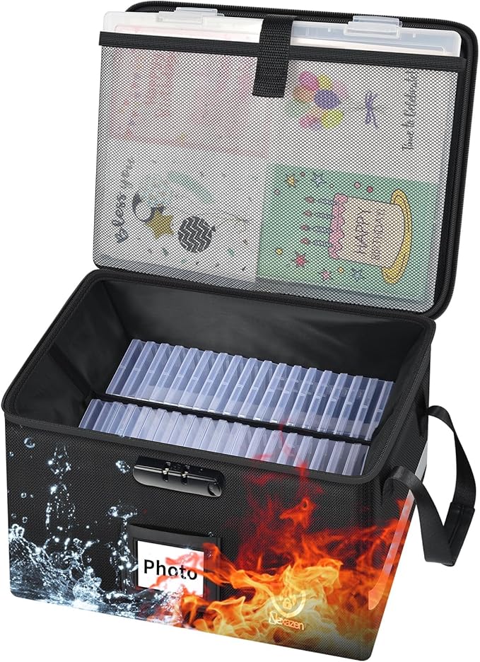 Fireproof Photo Storage Box with Lock, Holds 36 Inner 4"x6" and 3 Large 8"x12" Photo Cases, Waterproof Picture File Organizer, Portable Photos Boxes Containers for Valuables, Photos, Crafts, Documents