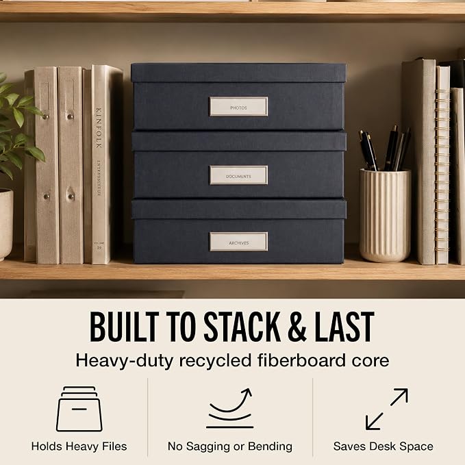 Bigso Oskar Fiberboard Label Frame Document Letter Box - File Organizer Box for Important Paperwork - Document Storage with a Lid & Metal Label Window - 3.3 in x 10.2 in x 13.8 in - Dark Grey