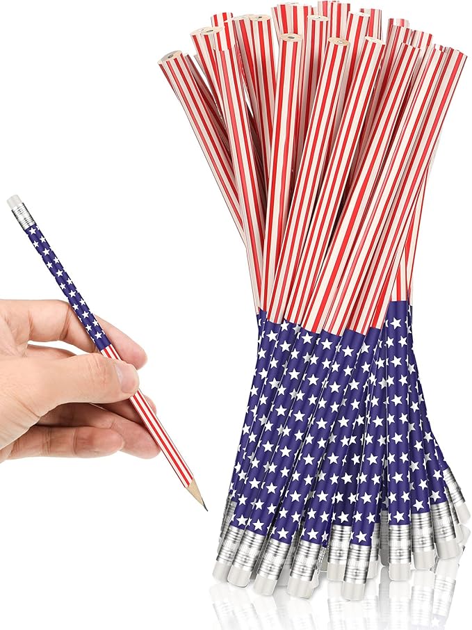 Outus 30 pcs American Flag Pencils USA Flag Patriotic Pencils with Erasers for Veterans Day, Independence Day, 4th of July Party Favors Party Favor, Office Supplies