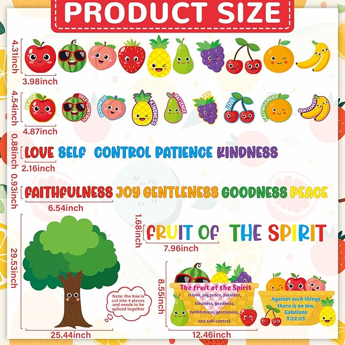 Fruit of The Spirit Bulletin Board Set VBS Vacation Bible School Paper Cutouts Back to School Classroom Decorations Wall Tree Decor for Sunday School Christian Nursery Chalkboard Door Teacher Supplies