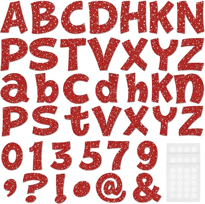 Colarr 216 Pcs Red Glitter Bulletin Board Letters for Classroom Number Alphabet Punctuation Symbol Cutout 4'' Die-Cut Poster Letter with Adhesive Dot School Graduation Party Wedding Patriotic Decor