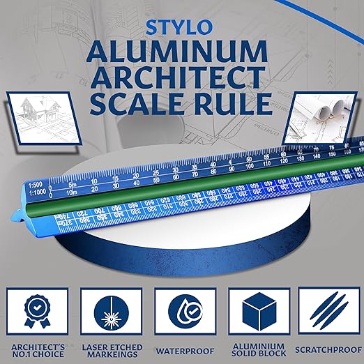 Stylo 12" Aluminum Architect Scale Ruler Laser Etched Triangle Drafting Ruler, Color Coded Grooves for Blueprint, Drafting and Drawing, Architectural Scale Ruler for Blueprints (Blue, Metric Units)