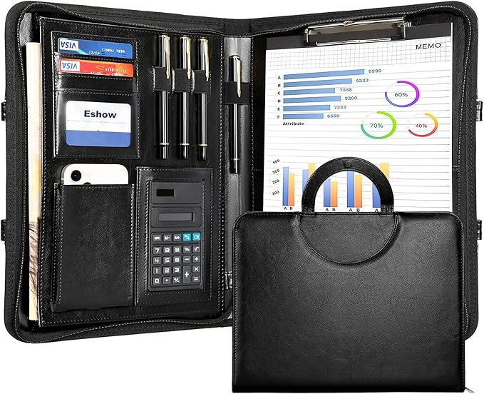Eshow Leather Portfolio Professional Business Padfolio with Hidden Handle - Interview Resume Notefolio Premium Legal Document Organizer with Card Holder, Notebook and File Folders for Men and Women