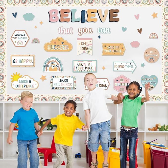 Boho Affirmation Station Bulletin Board Classroom Decorations Set Motivational Rainbow Believe That You Can Paper Cutouts for Welcome Back to School Positive Inspirational Wall Door Chalkboard Decor