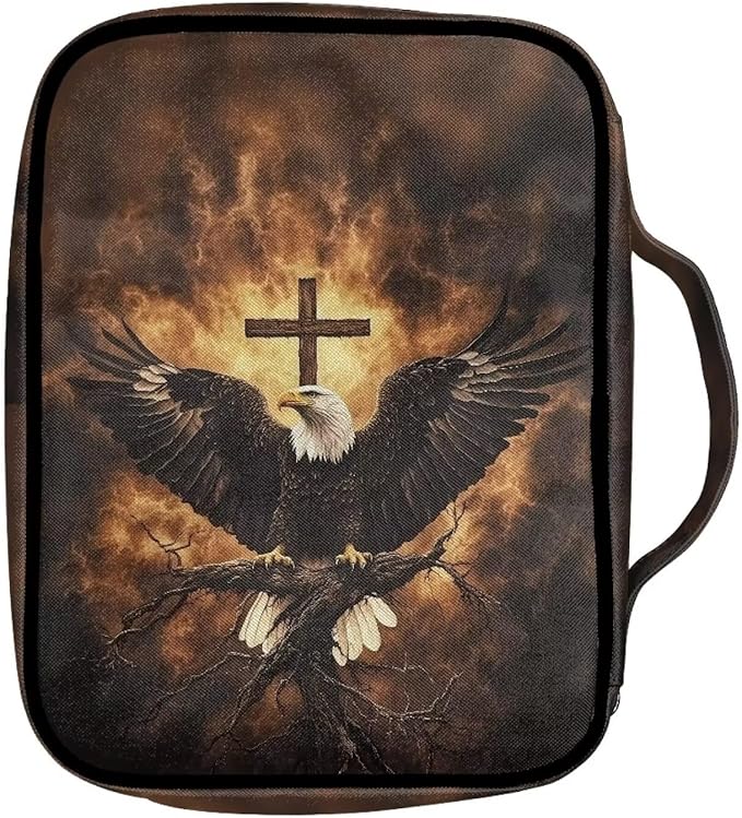 Suobstales Eagle Cross Fire Print Bible Cover Carrying Book Case for Women Men Lightweight Bible Bag Bible Protective with Handle and Zippered Pocket