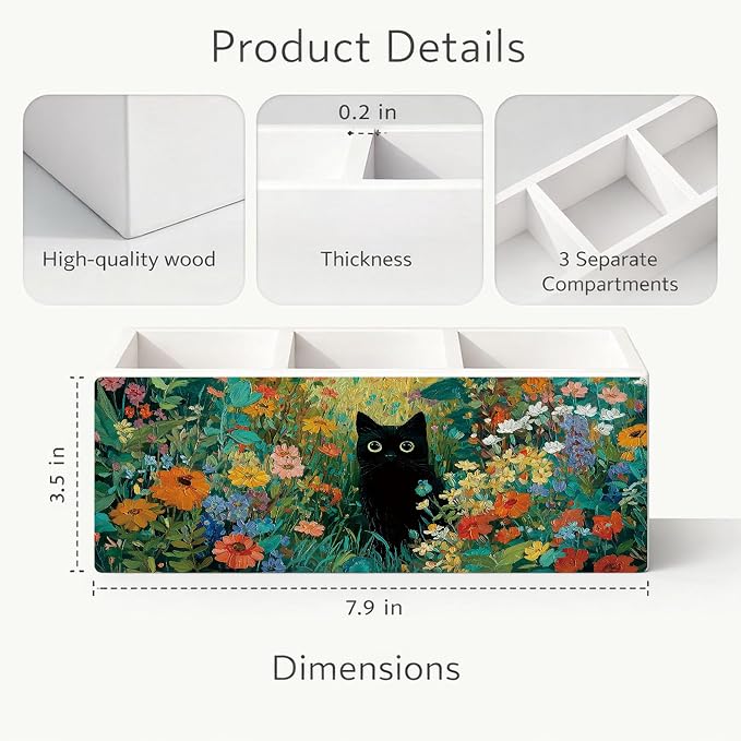 Black Cat Desk Organizer Wooden Pen Pencil Holder for Desk, 3 Compartments Office Desk Accessories, Floral Cat Desk Decor, Cute Cat Lover Gifts for Women Home Office Storage