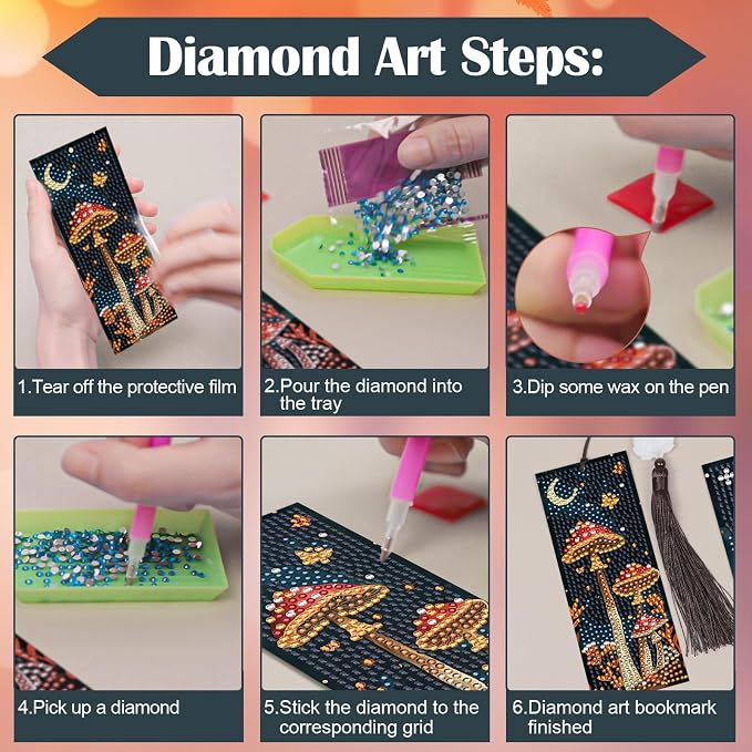 Anseal 3Pcs Mushroom Diamond Art Bookmarks DIY Leather Tassel Bookmark for Adult Christmas New Year Graduation Birthday Gifts