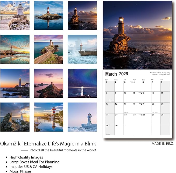 2026 Wall Calendar, Planner Calendar 2026 - Lighthouse Hangable Monthly Wall Calendar with Large Blocks for Organizing & Planning, Academic Schedule, Home, Office & family, Thick & Sturdy Paper (12"x24" Open)