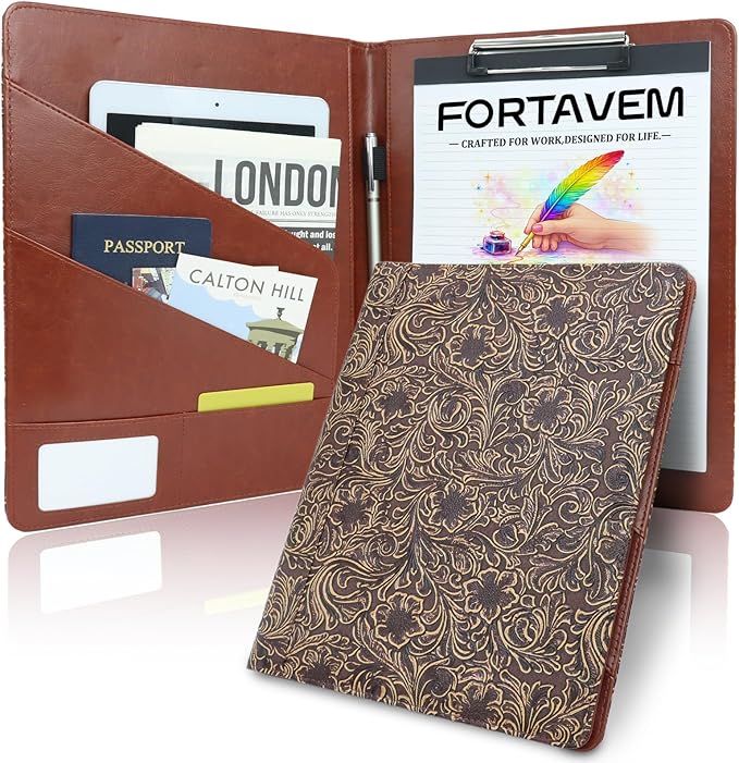 Professional Portfolio Binder, Faux Leather Padfolio for Resume, Note-Taking & Meetings, A4 Letter Writing Pad Holder for Women & Men, Vintage Floral