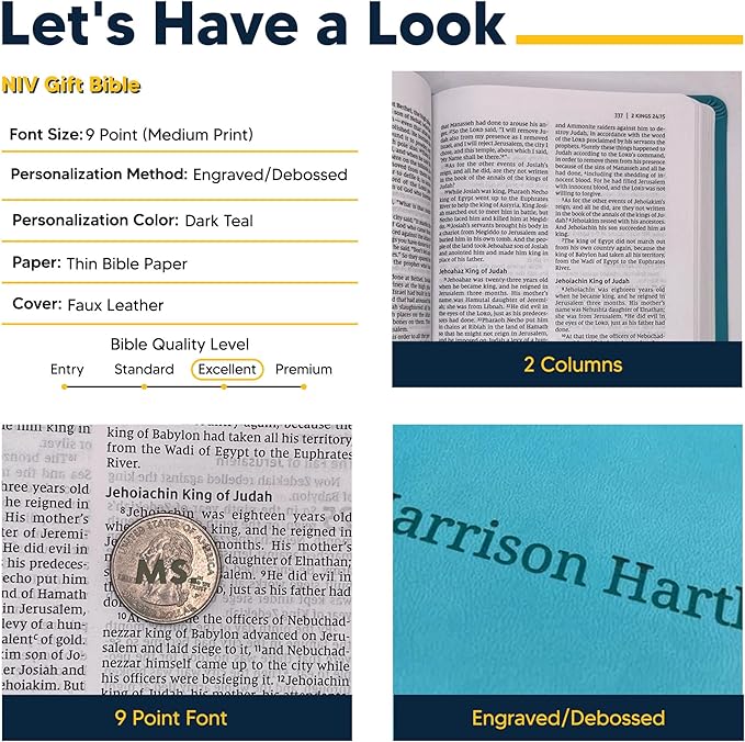Personalized NIV Thinline Holy Bible Medium Print Size | Includes Custom Engraved Name Faux Leather Cover | Custom Gift for Christian & Religious Celebrations | Teal