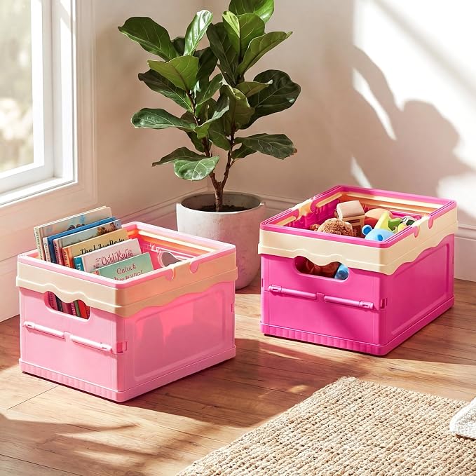 2 Pcs Pastel Plastic Collapsible Storage Crates with Lids and Handle Collapsible Picnic Basket Stackable Storage Bins Cute Foldable Container for Home Kitchen Office Bathroom(Pink,Hot Pink)