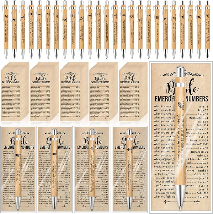 Feifeiya 200 Sets Church Gifts for Fathers Day Bulk Christian Bookmarks 2'' x 6'' Emergency Numbers Scripture Bookmarks and Bible Verse Pens Bulk Religious Gifts for Church Member Clergy