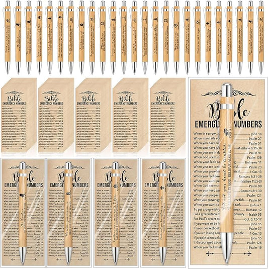 Feifeiya 200 Sets Church Gifts for Fathers Day Bulk Christian Bookmarks 2'' x 6'' Emergency Numbers Scripture Bookmarks and Bible Verse Pens Bulk Religious Gifts for Church Member Clergy