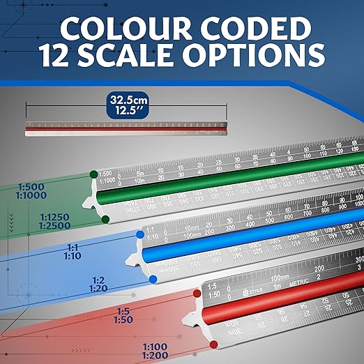 Stylo 12" Aluminum Architect Scale Ruler Laser Etched Triangle Drafting Ruler, Color Coded Grooves for Blueprint, Drafting and Drawing, Architectural Scale Ruler for Blueprints (Grey, Metric)