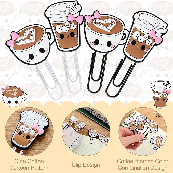 12 Pcs Coffee Cup Shape Paper Clips Funny Cute Paperclips Bookmarks Planner Clips Back to School Teacher Appreciation Gift Supplies for Employee Office Supplies Stationery Gifts Essentials