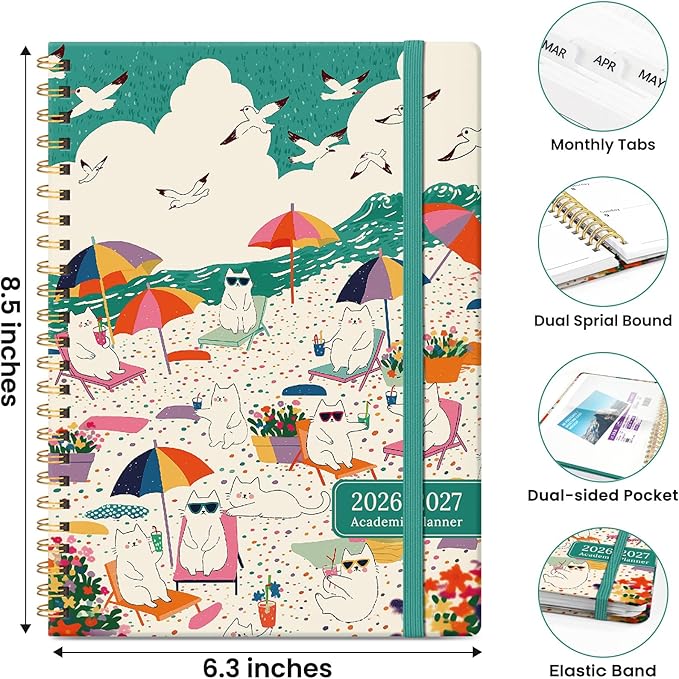 2026–2027 Academic Planner, Weekly and Monthly Planner for Women, July 2026 - June 2027, Pretty Hardcover 2026–2027 Academic Planner with Tabs, Inner Pocket, Spiral Bound, Perfect Office Home School Supplies - 6.3" x 8.5", Cat Beach