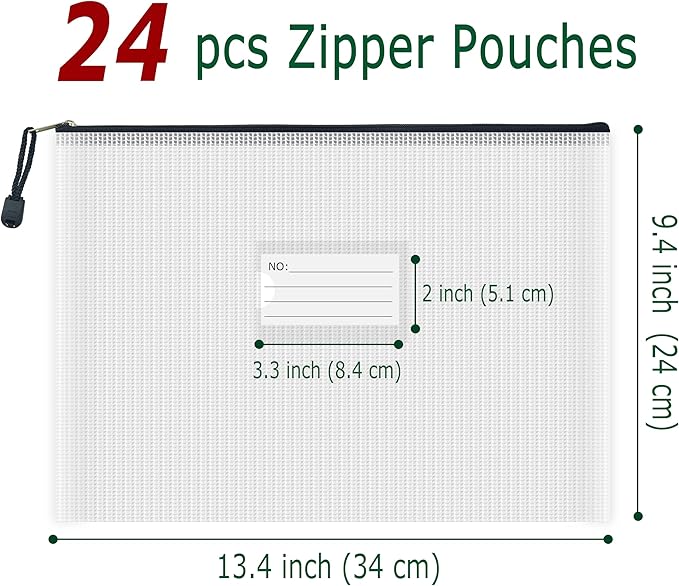 AUSTARK 24pcs Mesh Zipper Pouch Bags with Label, Multipurpose Waterproof Organization Storage Bag for Office School Home Travel (13.4''x9.4'', Black Zipper)