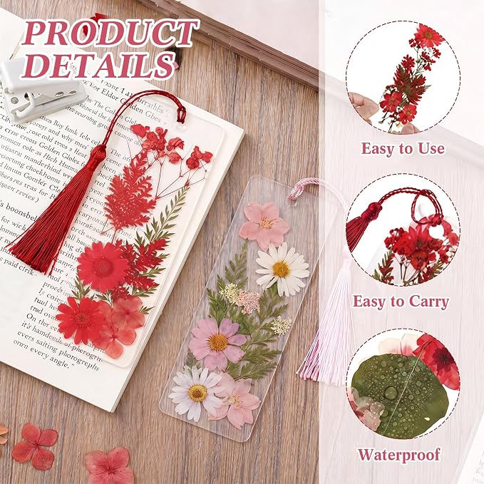 Fuyoooo 61 Pcs Dried Flower Bookmark Making Kit, DIY Bookmark Laminating Pouches with Tassels and Puncher, Handmade Craft Kit for Women, DIY Gifts for Book Lovers (Red Pink Blue,2 x 6 Inch)