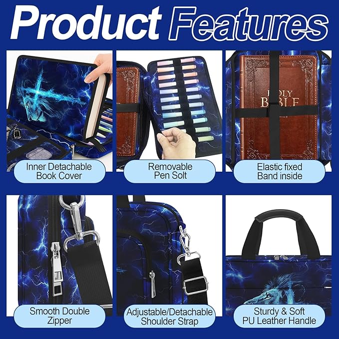 Lion Cross Large Bible Cover Case for Boys with Handle Zipper Pocket, Bible Study Supplies Journaling Kit Book Carrying Case with Pens Highlighters Cross Clips, Christian Gifts for Men Blue