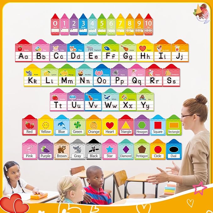 Crayon Alphabet Number for Classroom Wall Colorful Crayon Bulletin Board Manuscript Educational Cards ABC Letters Numbers Shapes Colors Poster for Preschool Elementary Early Learning Decor