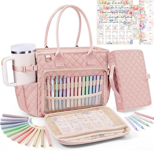 Large Bible Bag with Bible Cover Case for Women, Quilted Church Tote Bag Carrying Case w/Shoulder Strap, Bible Study Supplies Journaling Kit Accessories, Christian Gift for Women Mom Friends Teacher