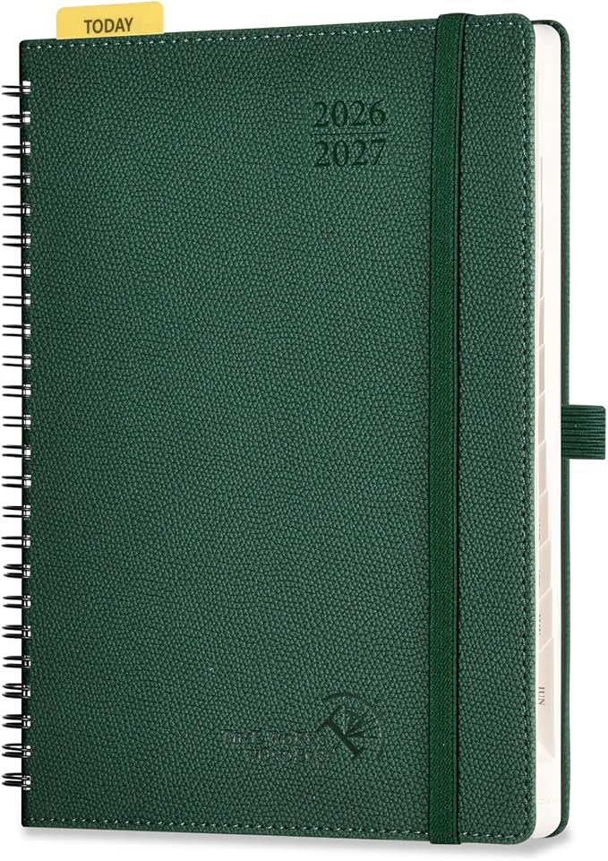POPRUN 2026-2027 Academic Weekly Planner, 6.75" x 8.75" Horizontal Daily Book Calendar, July 2026 to June 2027, Softcover Appionment Book with Monthly Tabs, Spiral Bound, Inner-Pocket - Forest Green