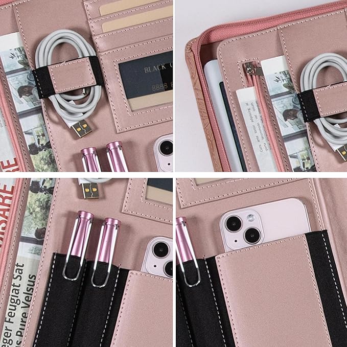 Generic Zippered Leather Padfolio Portfolio with Hidden Handle and Clipboard, Business Conference Organizer Notepad Folder, Portfolio Bag, Padfolio for Women/Men (Pink)