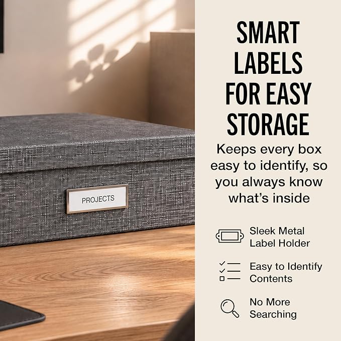 Bigso Oskar Canvas Fiberboard Document Letter Box for Important Paperwork A4 or Letter Size - Durable Keepsake Box with Lid and Metal Label Holder - 3.3in x 10.2in x 13.8in - Melange Grey