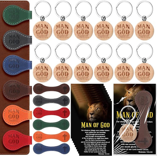 AmazingSpark 15 Sets Man of God Christian Gifts for Father's Day, Church Keychains Religious Magnetic Bookmarkers with Bible Verse Card Happy Father's Day Gifts for Father Priest Ministry (Classic)