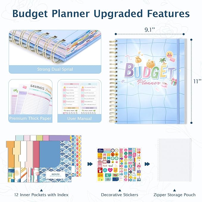 Ospelelf Budget Planner Undated, Money Expense Tracker with Pockets & Stickers, Thick Cardboard Cover, Large Pages for Spacious Writing, Original Fun Colorful Design, 12 Month Financial Notebook, Blue Pool